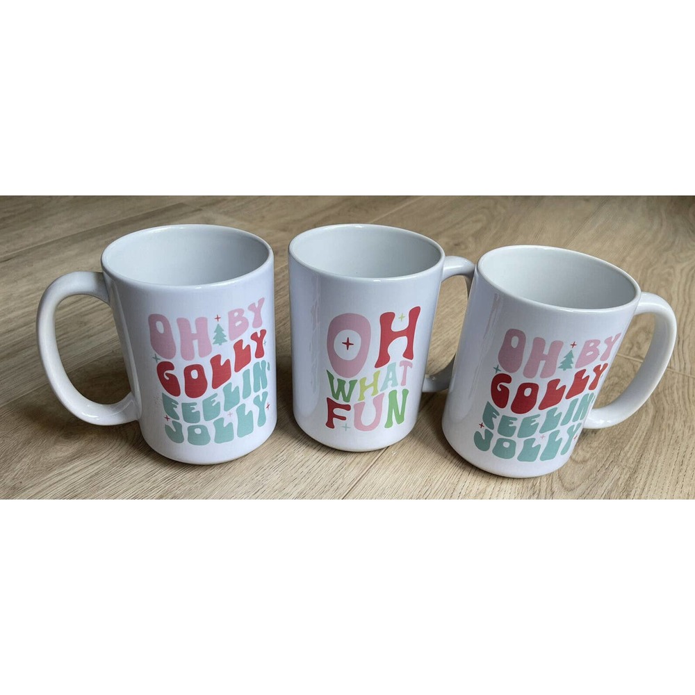 Lot of 3 Oh By Golly Feelin' Jolly + Oh What Fun Trendy Christmas Mugs
